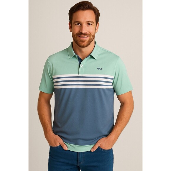 Coastal Cotton Performance Polo Shirt Mens Medium Blue Striped Golf - Picture 1 of 9